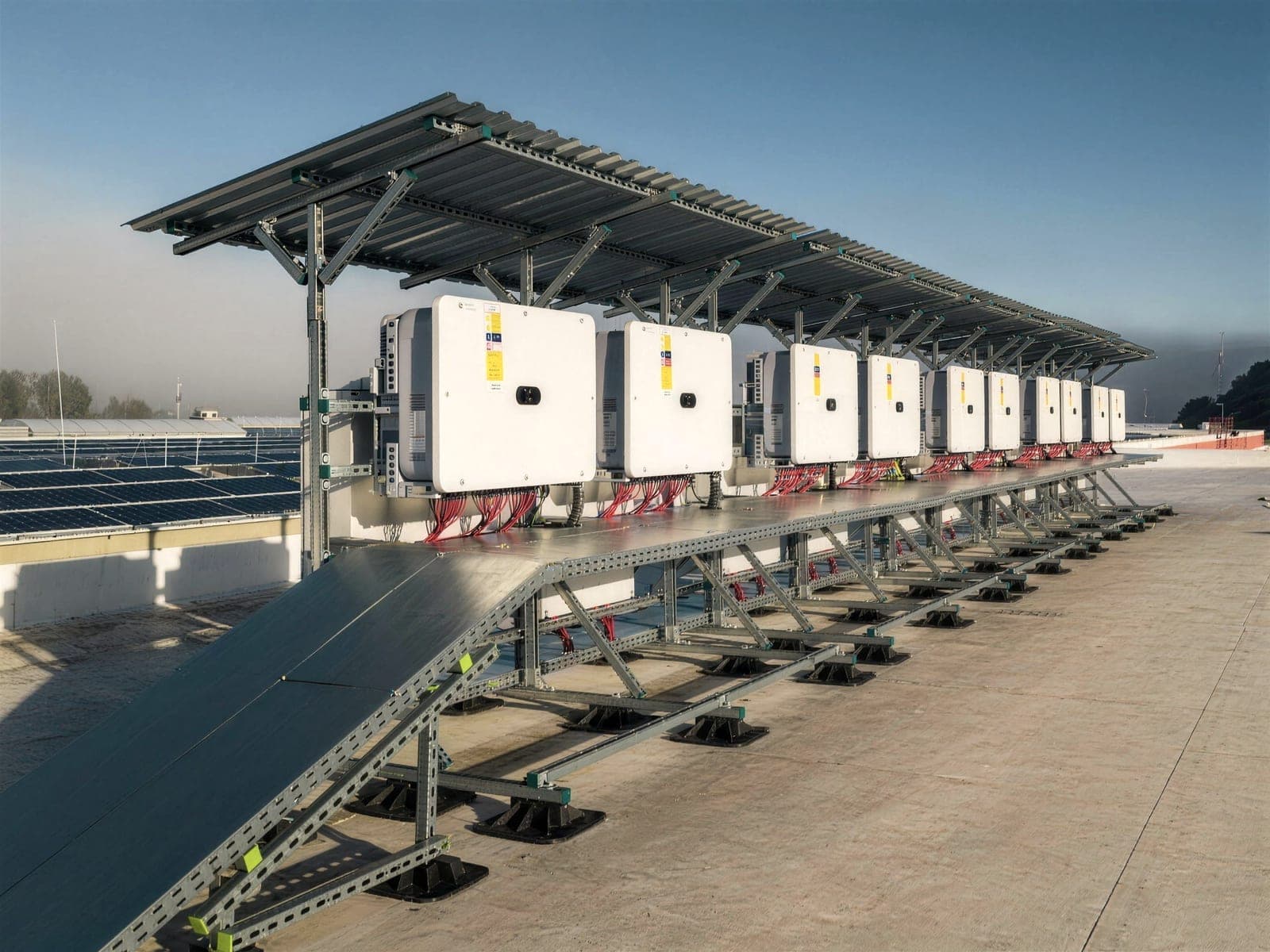 Střídače a rozváděče pod fotovoltaickým přístřeškem na střeše