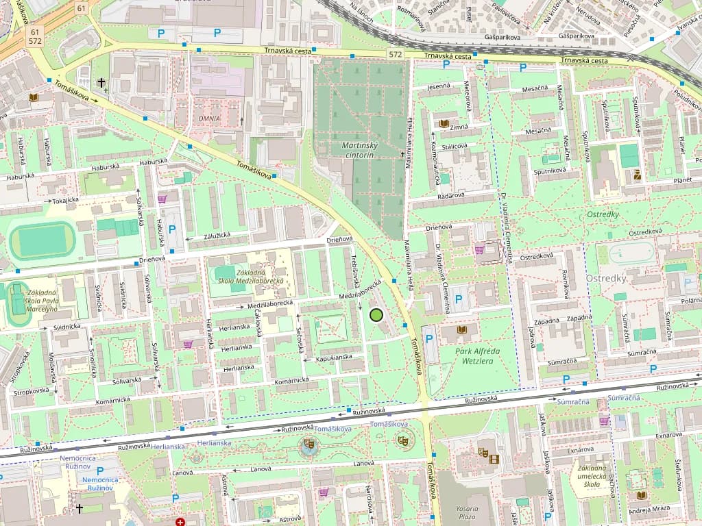 Mapa okolí kanceláře na Tomášikově ulici v Bratislavě se značkou polohy.